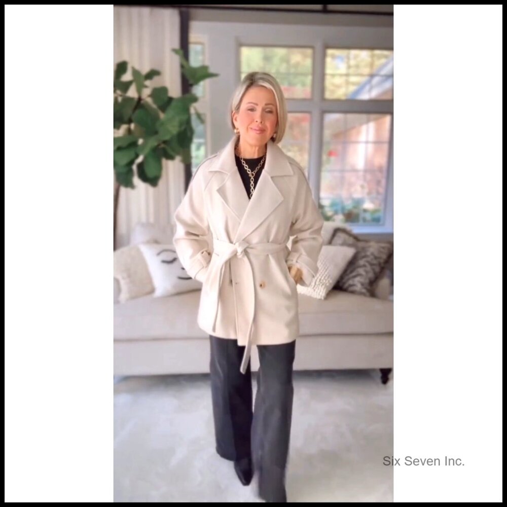 Wool Blend Pea Coat Double Breasted Notch Lapel Belted Winter Jacket - Picture 7 of 7